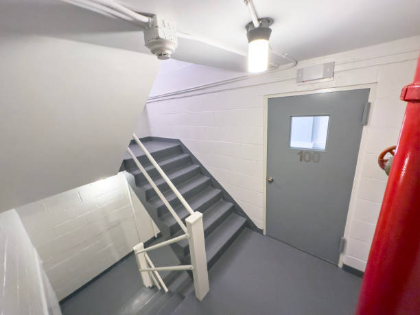 wide angle view of fire exit stairs of a modern apartment